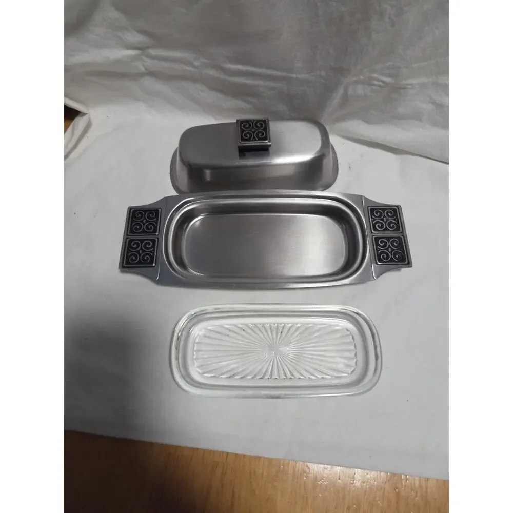 Vintage Rogers INSILCO Fashion Stainless Steel Butter Dish w/ Lid MCM